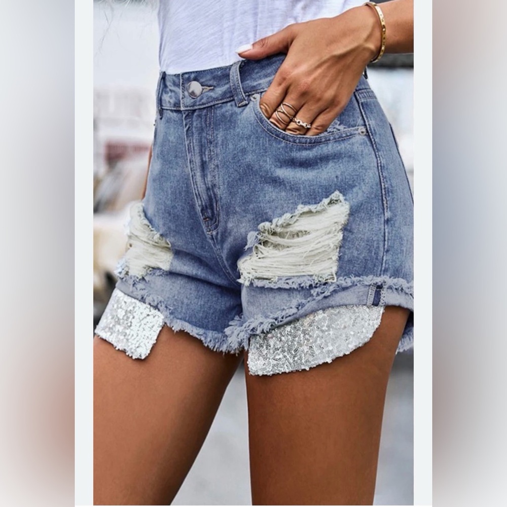Blue Distressed Jean Shorts with Sequin Trim